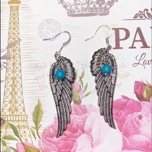 Handmade Silver Angel Wing Earrings with Turquoise Bead NWT